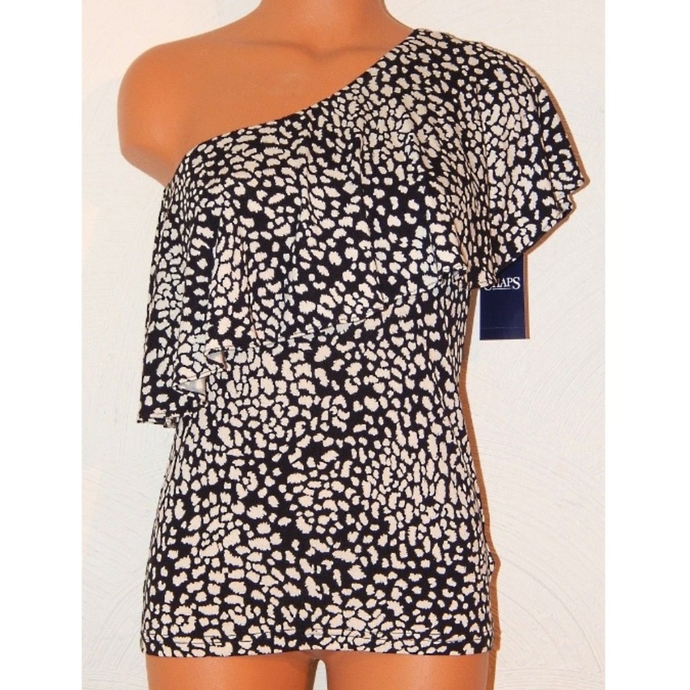 Chaps One Shoulder Ruffle Top Black Natural NWT